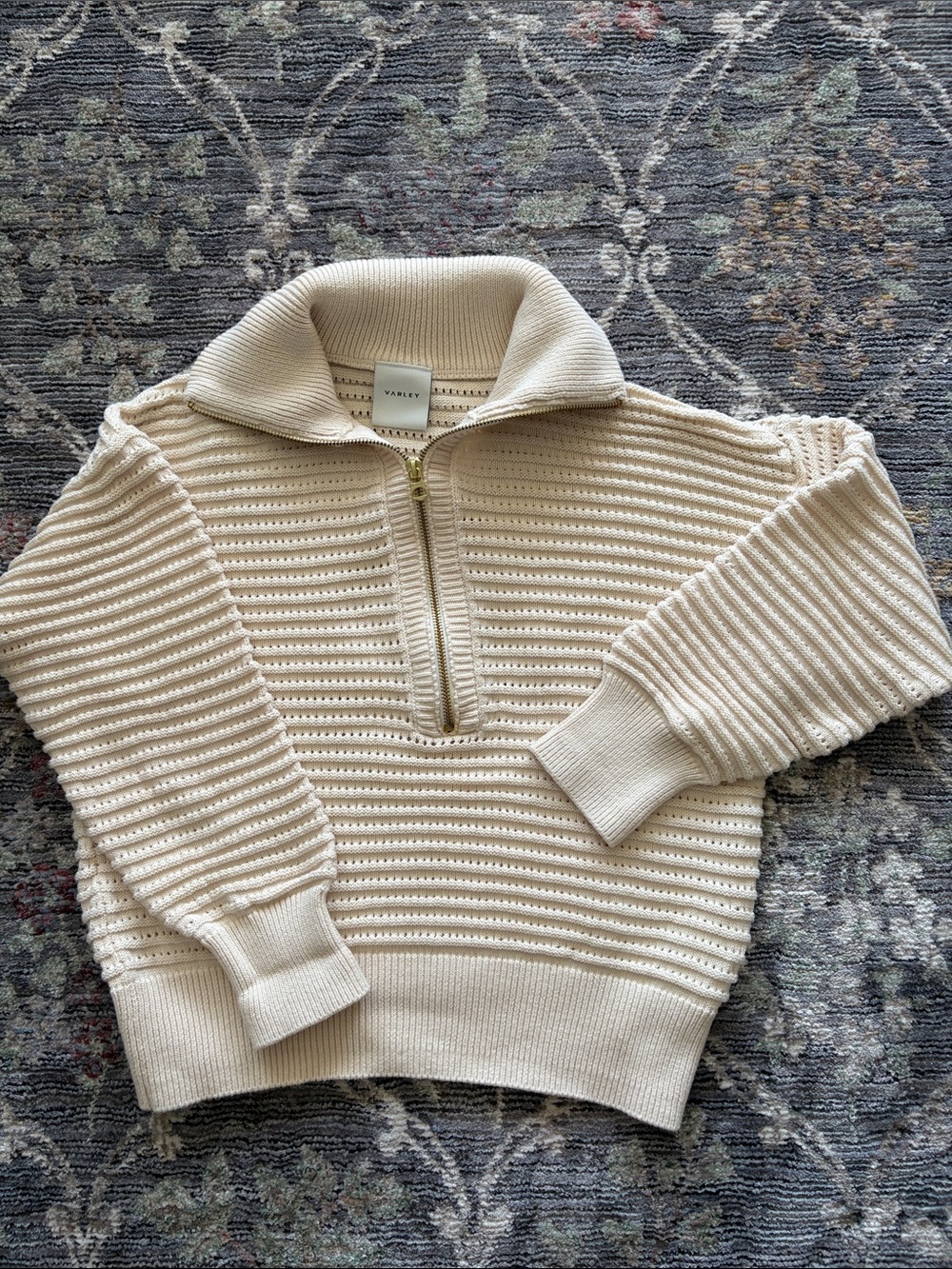 Varley Ivory Half-Zip Ribbed Turtleneck Sweater